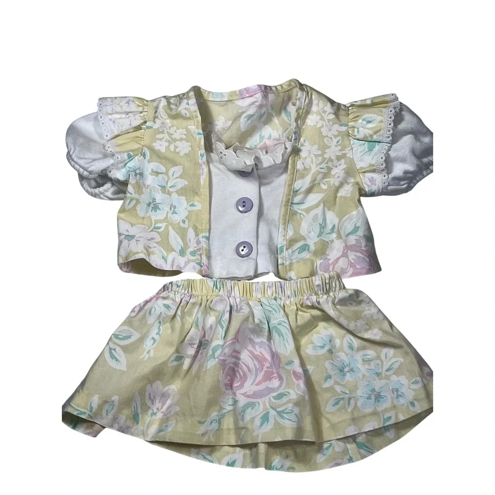 Vintage Evy Kids Floral 3 Piece Set Top Pants Skirt Pastel‎ Yellow Pink Lace 6-9